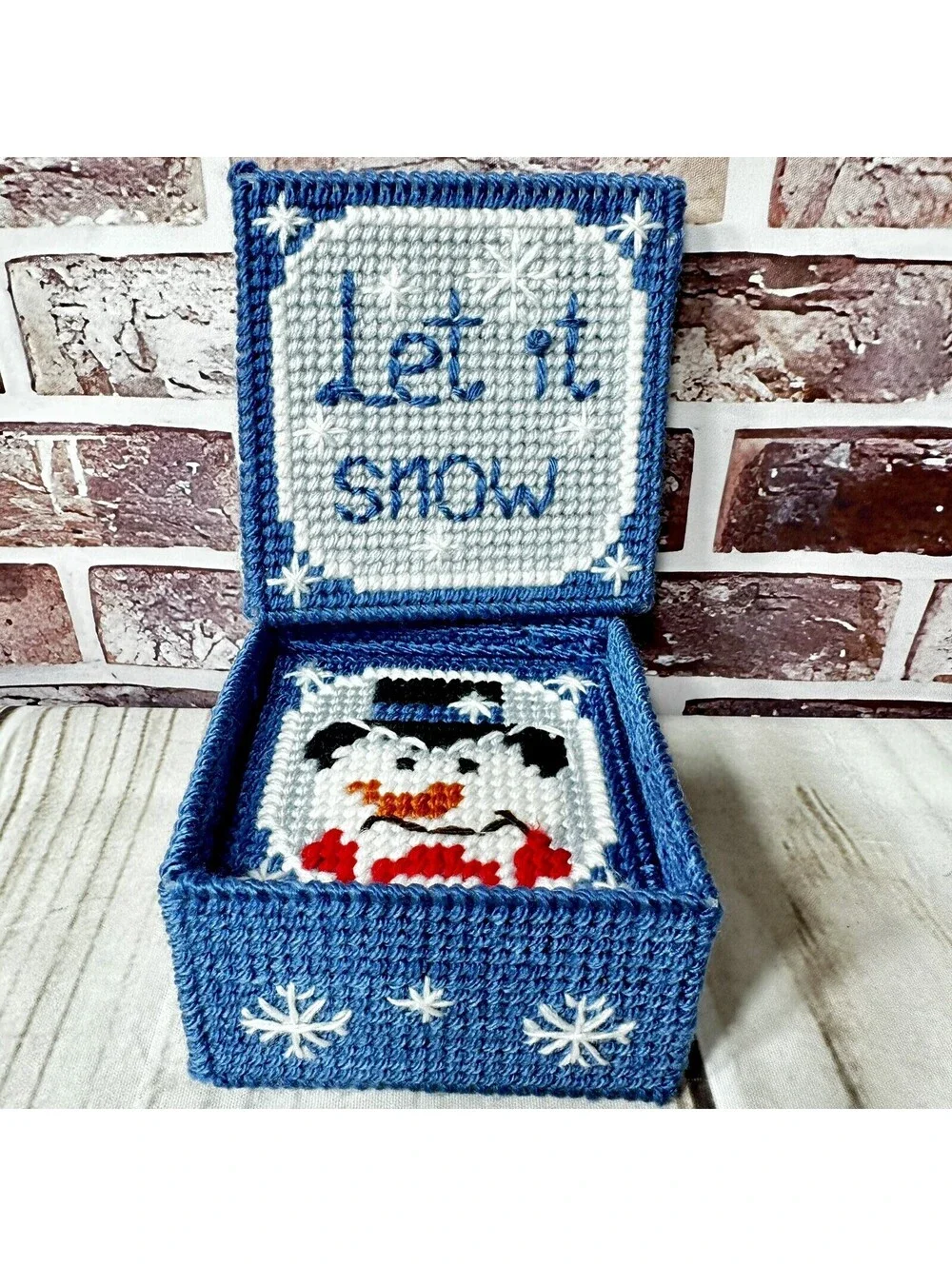 Vintage “Let It Snow” Handmade Coasters and Holder Plastic Canvas Set of 6